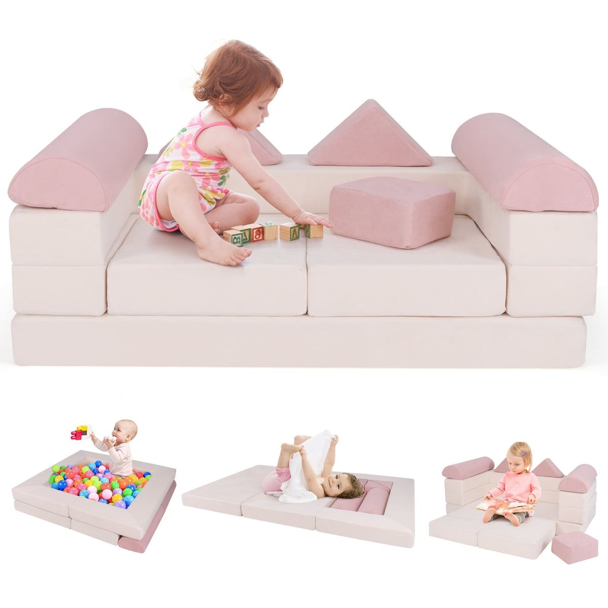 9-Piece Climb and Crawl Foam and Floor Playset with Breathable Suede Fabric-Pink-Baby Gyms & Playmats-DECOROLALA