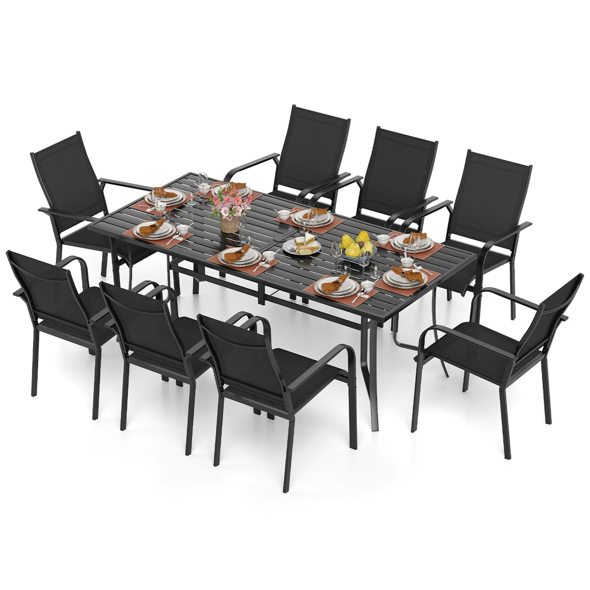 9 Pieces Patio Dining Set for 8 Stackable Chairs and Outdoor Rectangular Table-Black-Patio Conversation Sets-DECOROLALA