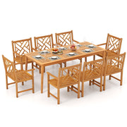 9-Pieces Patio Dining Table Set Wood Rectangular Dining Table with 8 Chairs and Slatted Tabletop-Patio Dining Sets-DECOROLALA