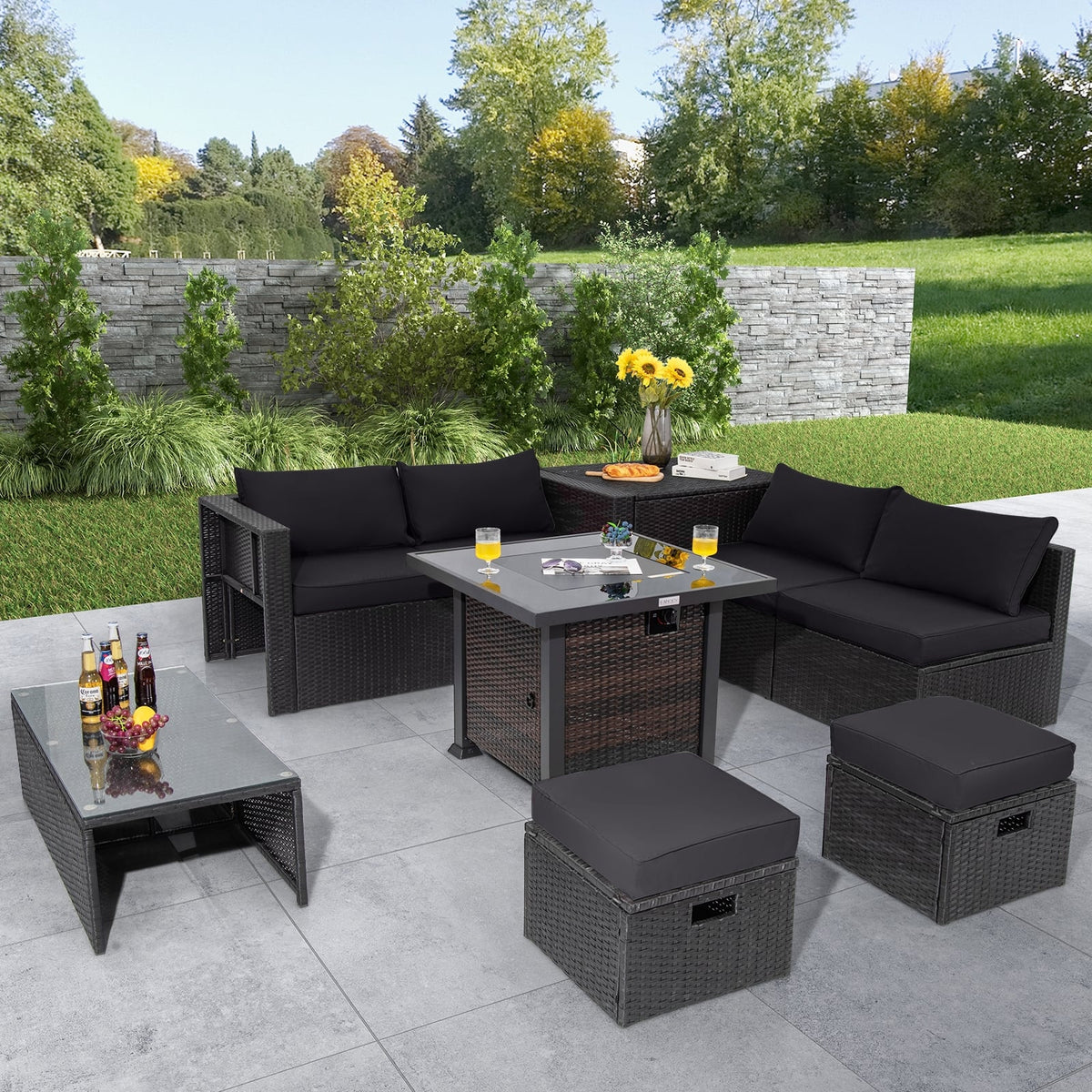 9 Pieces Patio Furniture Set with 32” Fire Pit Table and 50000 BTU Square Propane Fire Pit-Black-Patio Furniture Sets-DECOROLALA