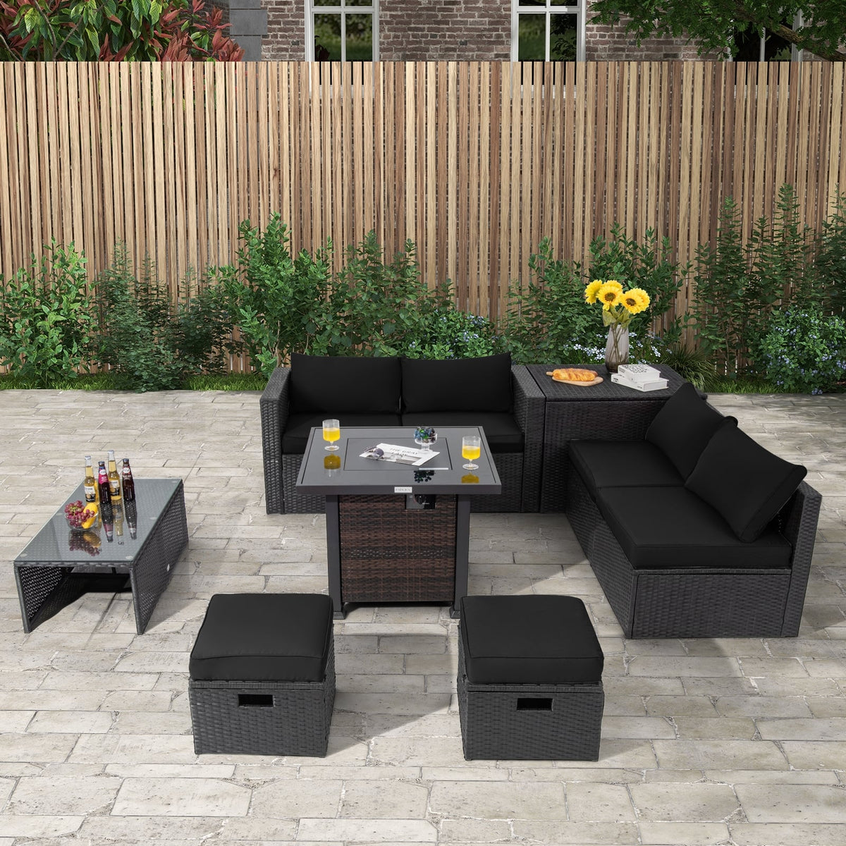 9 Pieces Patio Furniture Set with 32” Fire Pit Table and 50000 BTU Square Propane Fire Pit-Black-Patio Furniture Sets-DECOROLALA