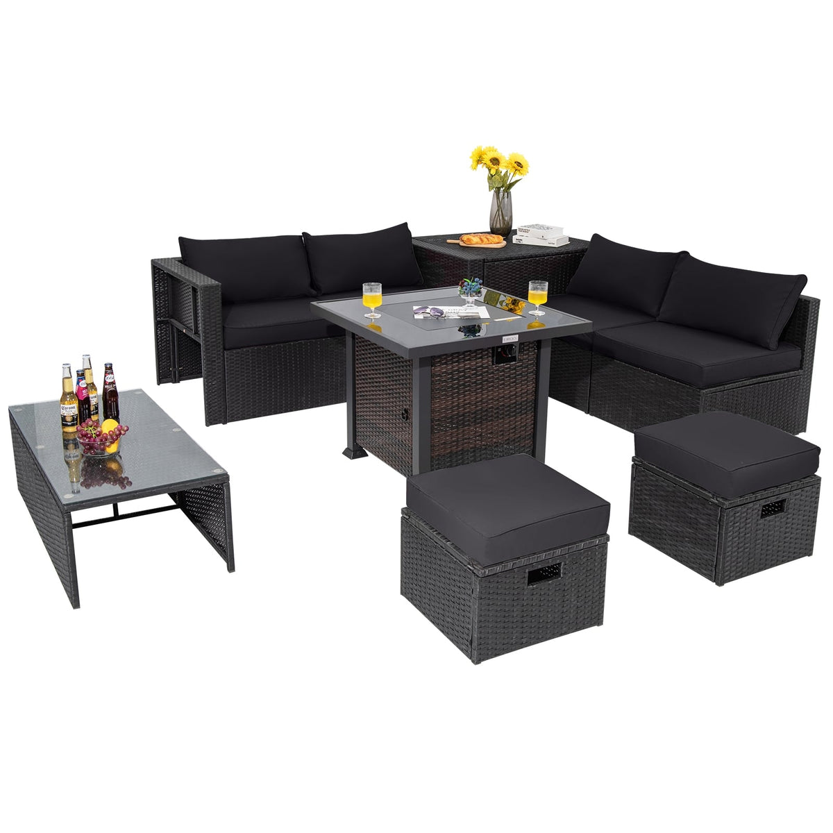 9 Pieces Patio Furniture Set with 32” Fire Pit Table and 50000 BTU Square Propane Fire Pit-Black-Patio Furniture Sets-DECOROLALA