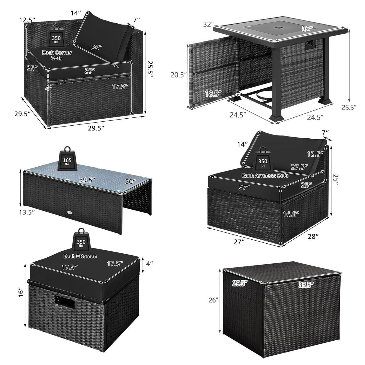 9 Pieces Patio Furniture Set with 32” Fire Pit Table and 50000 BTU Square Propane Fire Pit-Black-Patio Furniture Sets-DECOROLALA