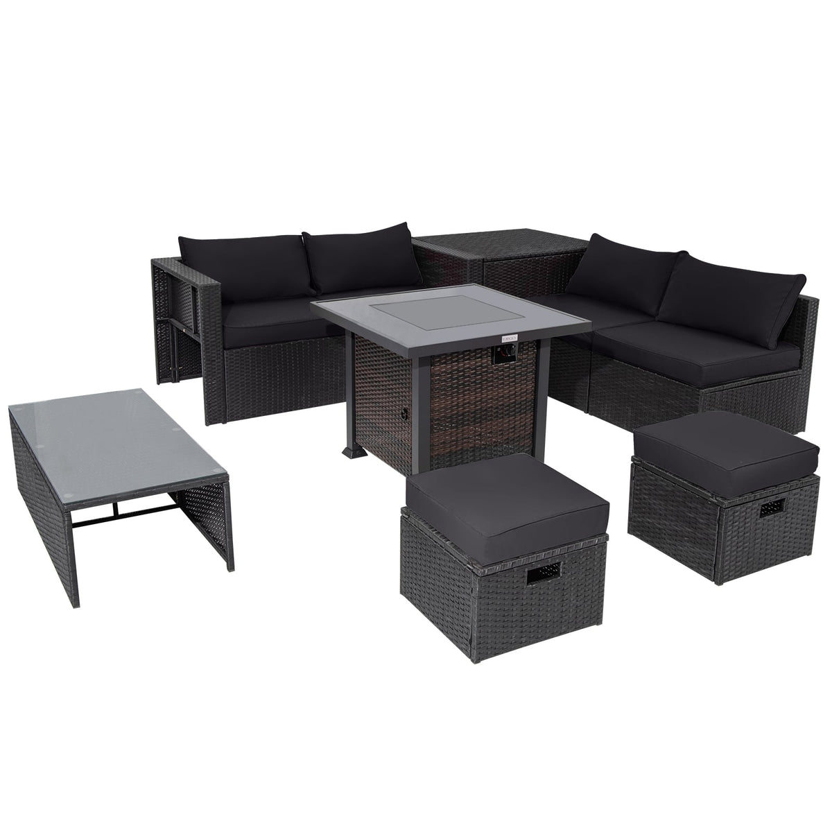 9 Pieces Patio Furniture Set with 32” Fire Pit Table and 50000 BTU Square Propane Fire Pit-Black-Patio Furniture Sets-DECOROLALA