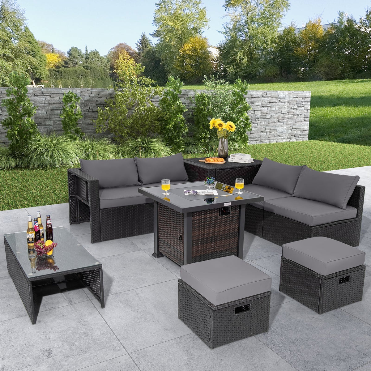 9 Pieces Patio Furniture Set with 32” Fire Pit Table and 50000 BTU Square Propane Fire Pit-Gray-Patio Furniture Sets-DECOROLALA