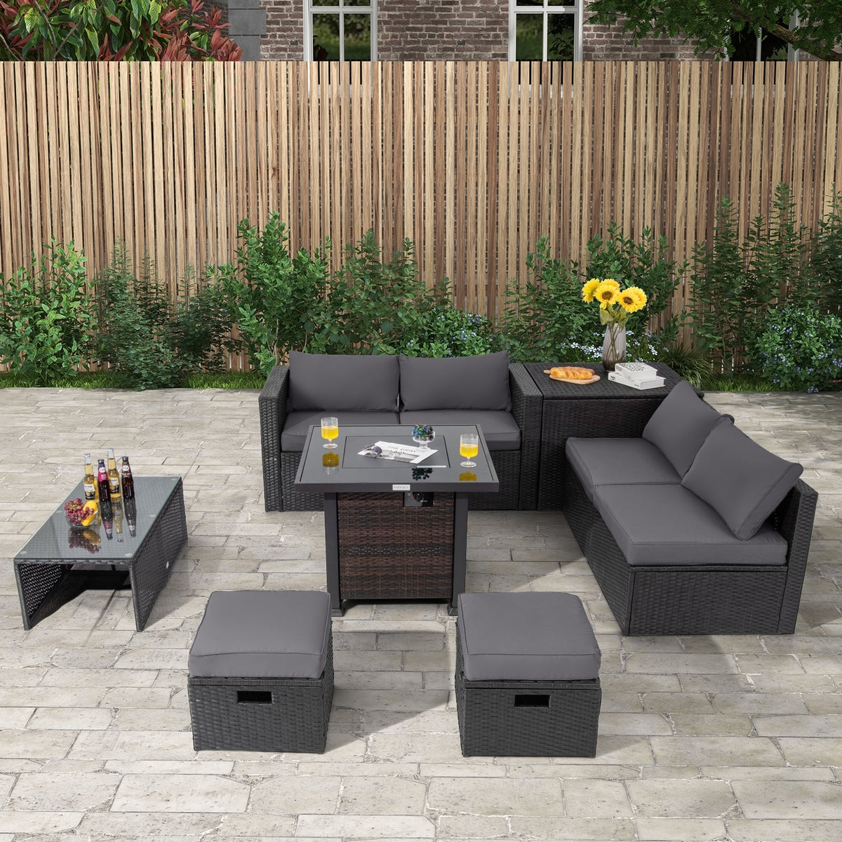 9 Pieces Patio Furniture Set with 32” Fire Pit Table and 50000 BTU Square Propane Fire Pit-Gray-Patio Furniture Sets-DECOROLALA