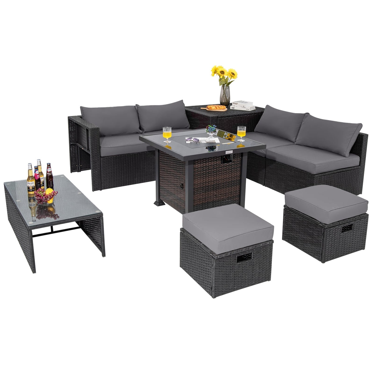 9 Pieces Patio Furniture Set with 32” Fire Pit Table and 50000 BTU Square Propane Fire Pit-Gray-Patio Furniture Sets-DECOROLALA