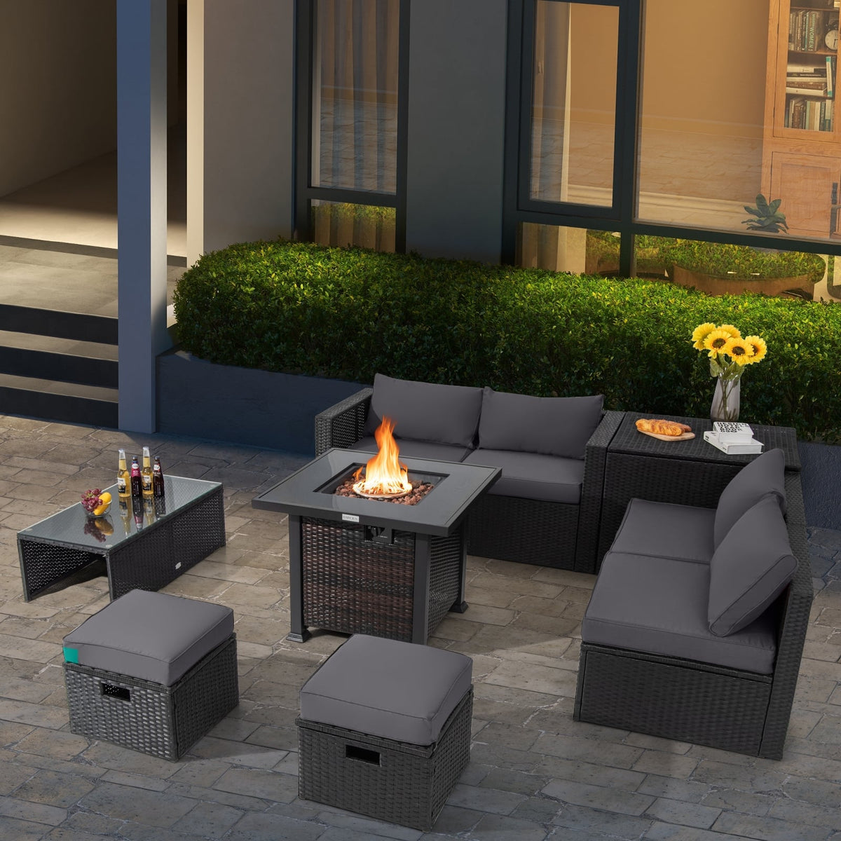 9 Pieces Patio Furniture Set with 32” Fire Pit Table and 50000 BTU Square Propane Fire Pit-Gray-Patio Furniture Sets-DECOROLALA