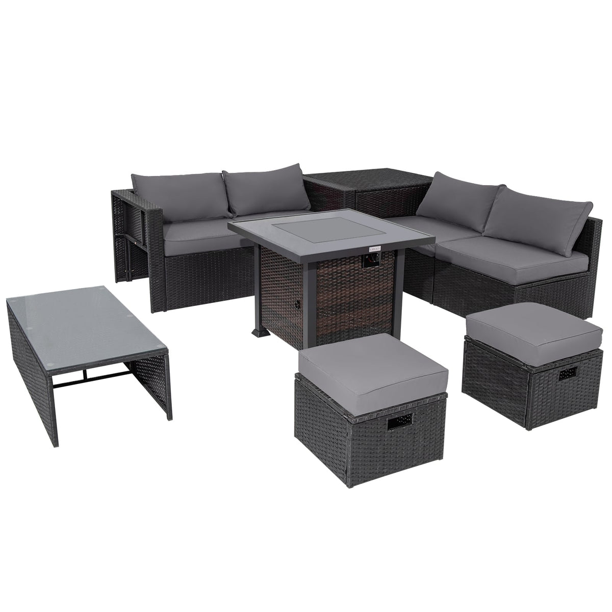 9 Pieces Patio Furniture Set with 32” Fire Pit Table and 50000 BTU Square Propane Fire Pit-Gray-Patio Furniture Sets-DECOROLALA