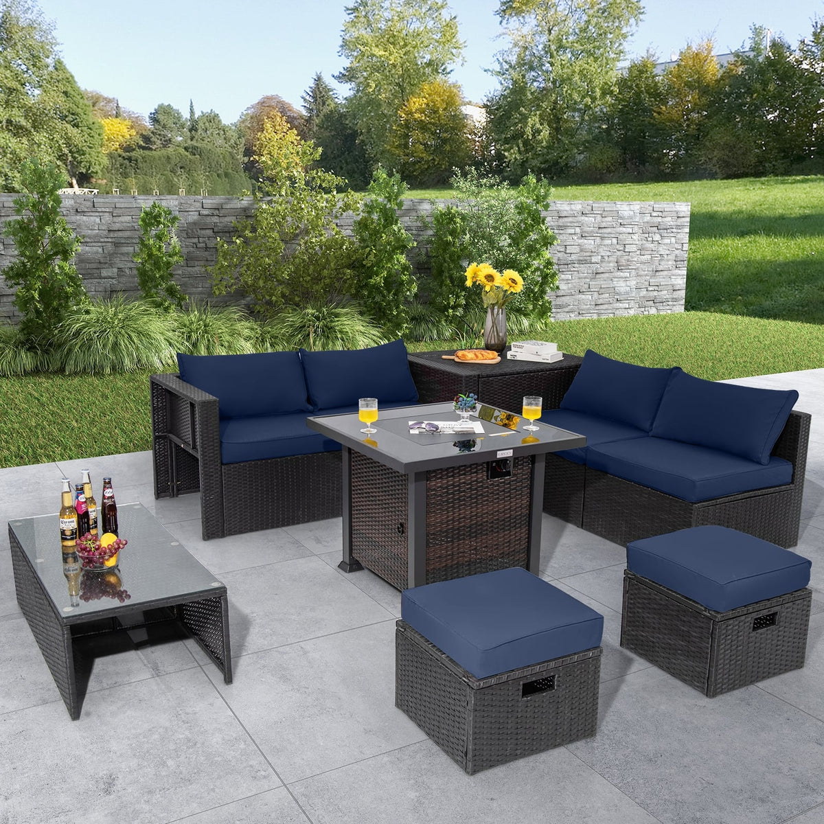 9 Pieces Patio Furniture Set with 32” Fire Pit Table and 50000 BTU Square Propane Fire Pit-Navy-Patio Furniture Sets-DECOROLALA