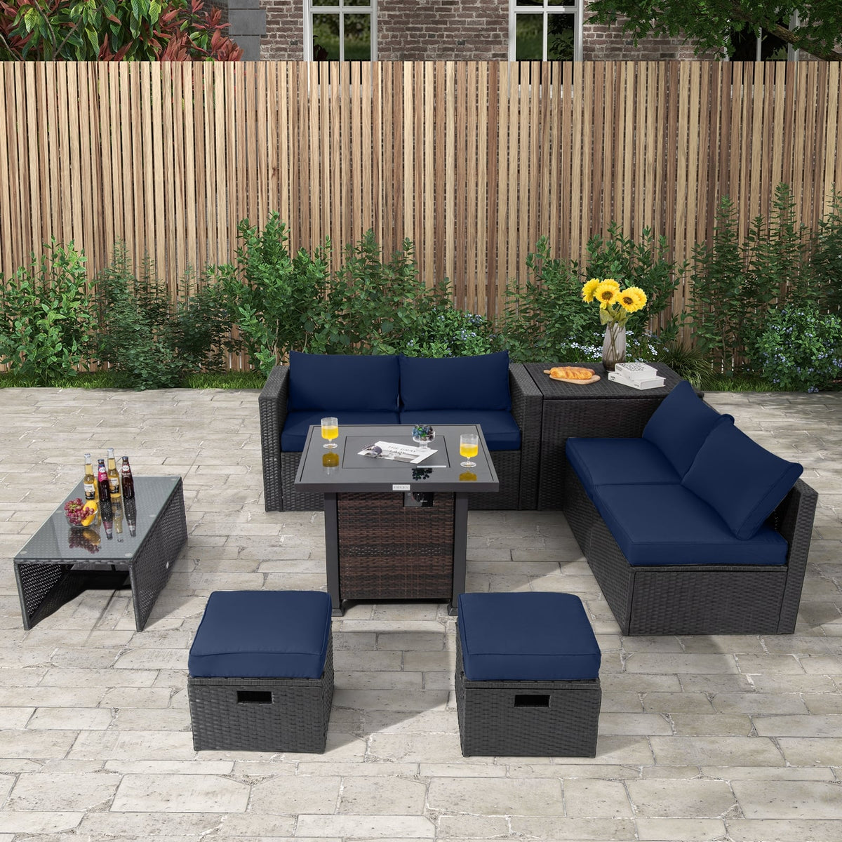 9 Pieces Patio Furniture Set with 32” Fire Pit Table and 50000 BTU Square Propane Fire Pit-Navy-Patio Furniture Sets-DECOROLALA