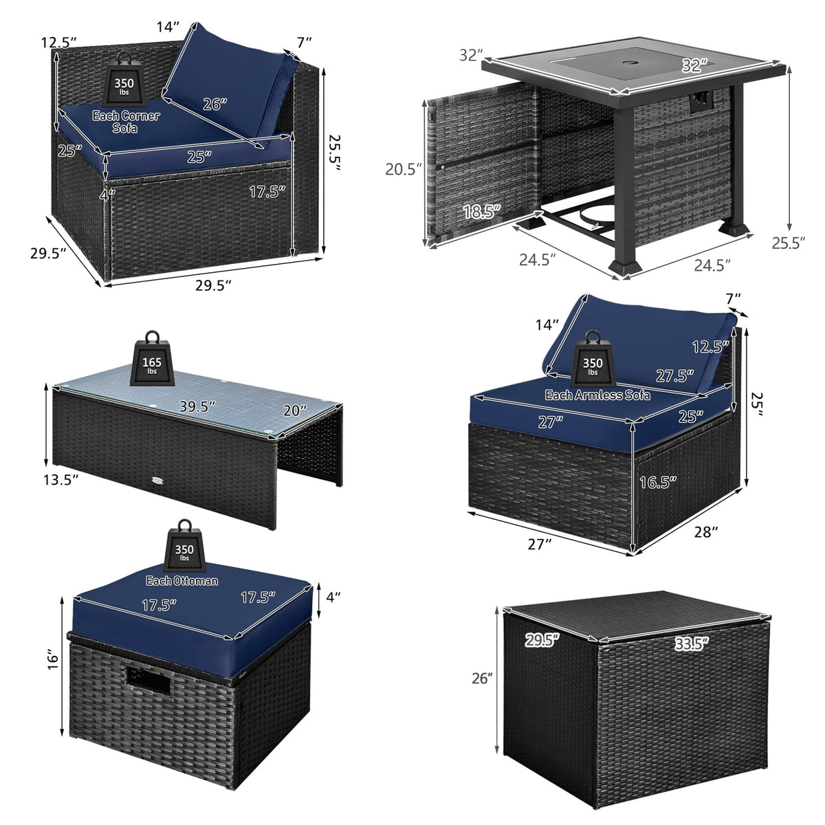 9 Pieces Patio Furniture Set with 32” Fire Pit Table and 50000 BTU Square Propane Fire Pit-Navy-Patio Furniture Sets-DECOROLALA