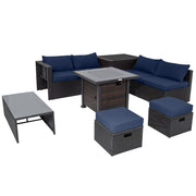 9 Pieces Patio Furniture Set with 32” Fire Pit Table and 50000 BTU Square Propane Fire Pit-Navy-Patio Furniture Sets-DECOROLALA