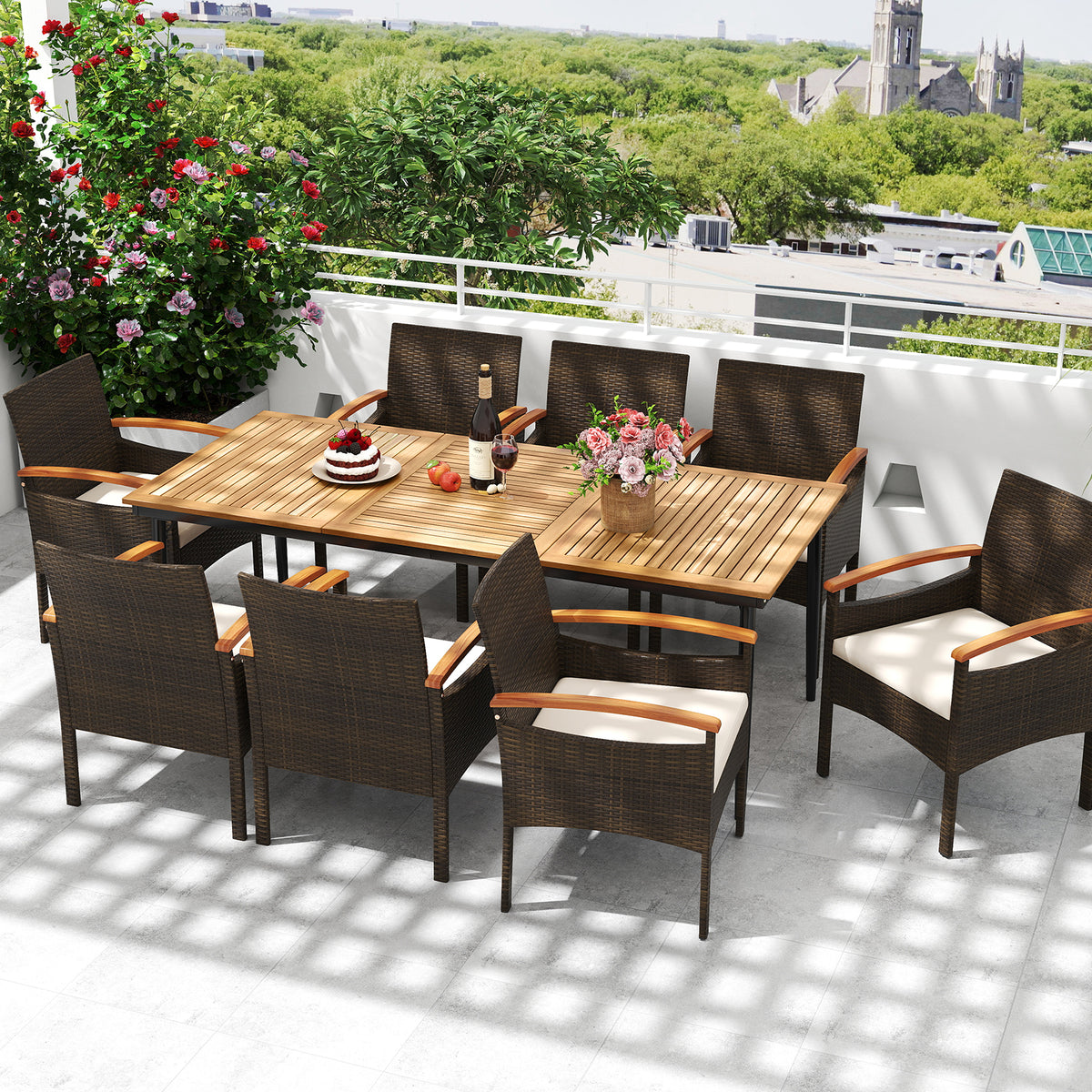9 Pieces Patio PE Wicker Dining Set with Cushions and Umbrella Hole-Patio Dining Sets-DECOROLALA