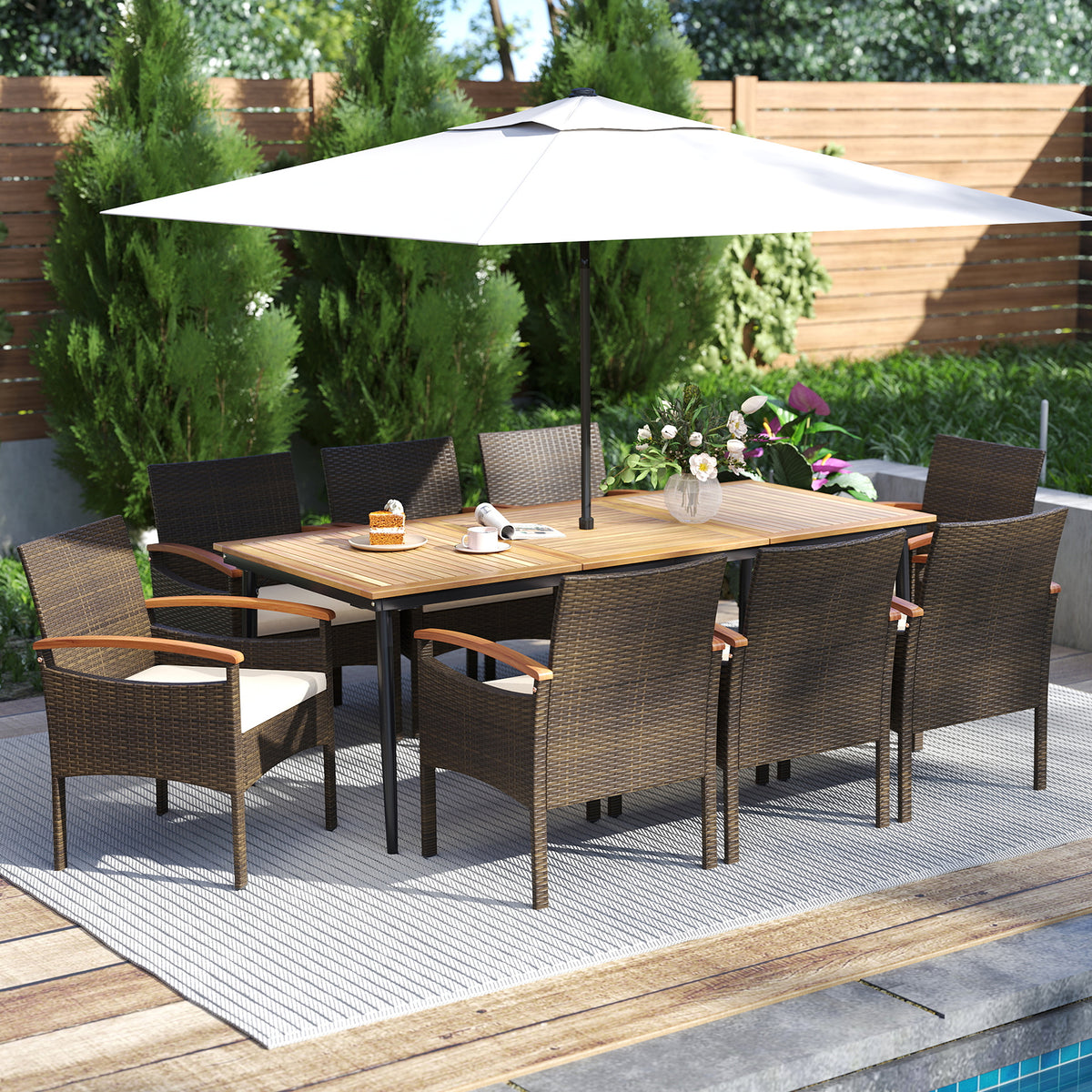 9 Pieces Patio PE Wicker Dining Set with Cushions and Umbrella Hole-Patio Dining Sets-DECOROLALA