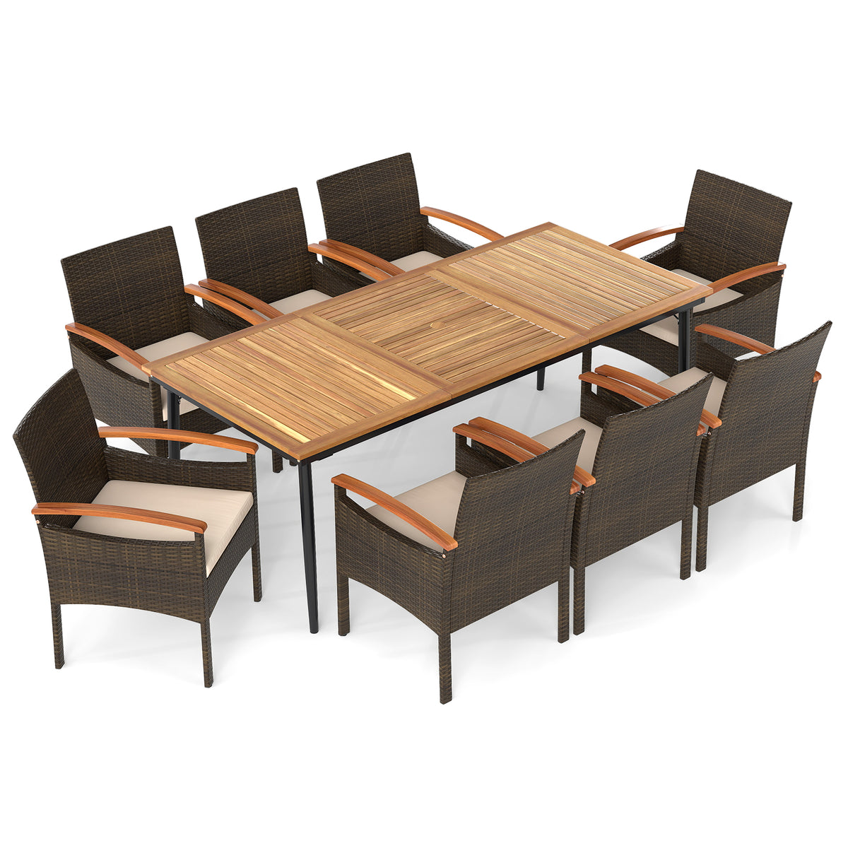 9 Pieces Patio PE Wicker Dining Set with Cushions and Umbrella Hole-Patio Dining Sets-DECOROLALA