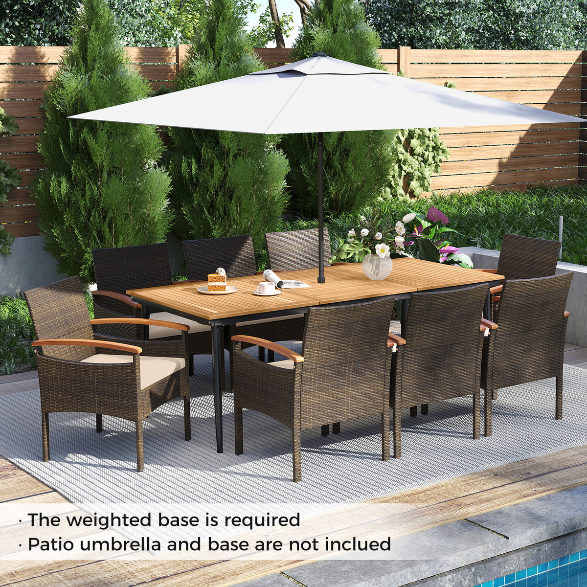 9 Pieces Patio PE Wicker Dining Set with Cushions and Umbrella Hole-Patio Dining Sets-DECOROLALA