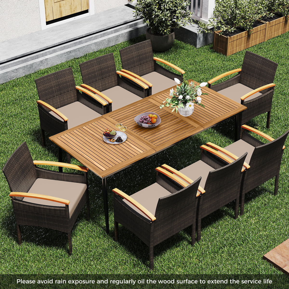 9 Pieces Patio PE Wicker Dining Set with Cushions and Umbrella Hole-Patio Dining Sets-DECOROLALA