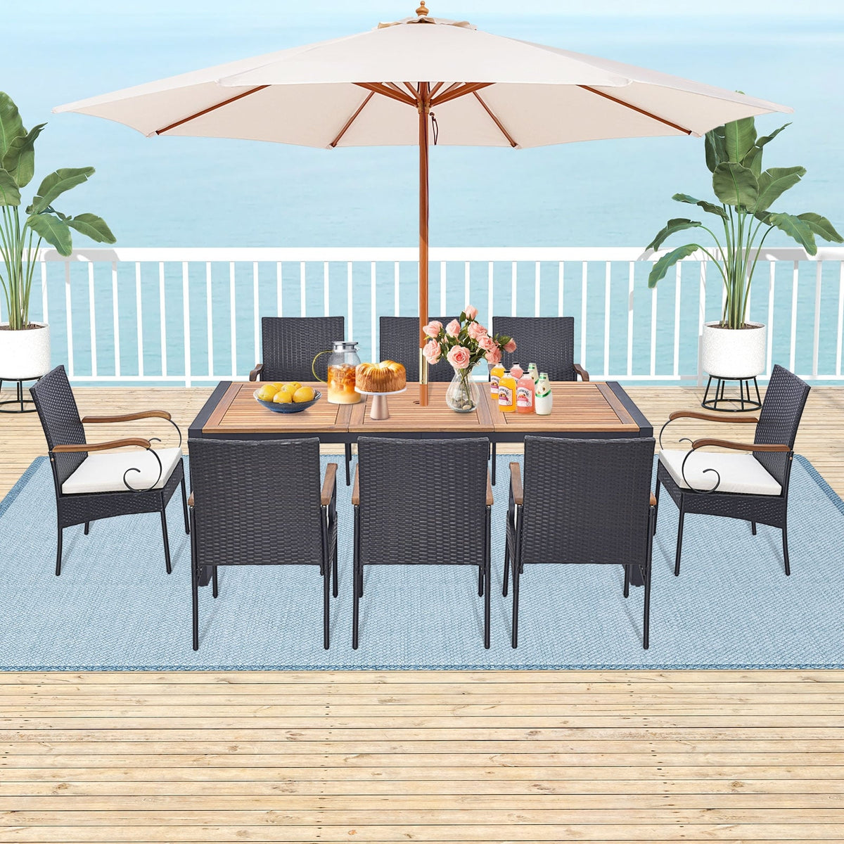 9 Pieces Patio Rattan Dining Set with Acacia Wood Table for Backyard Garden-Curved Handrail-Patio Furniture Sets-DECOROLALA