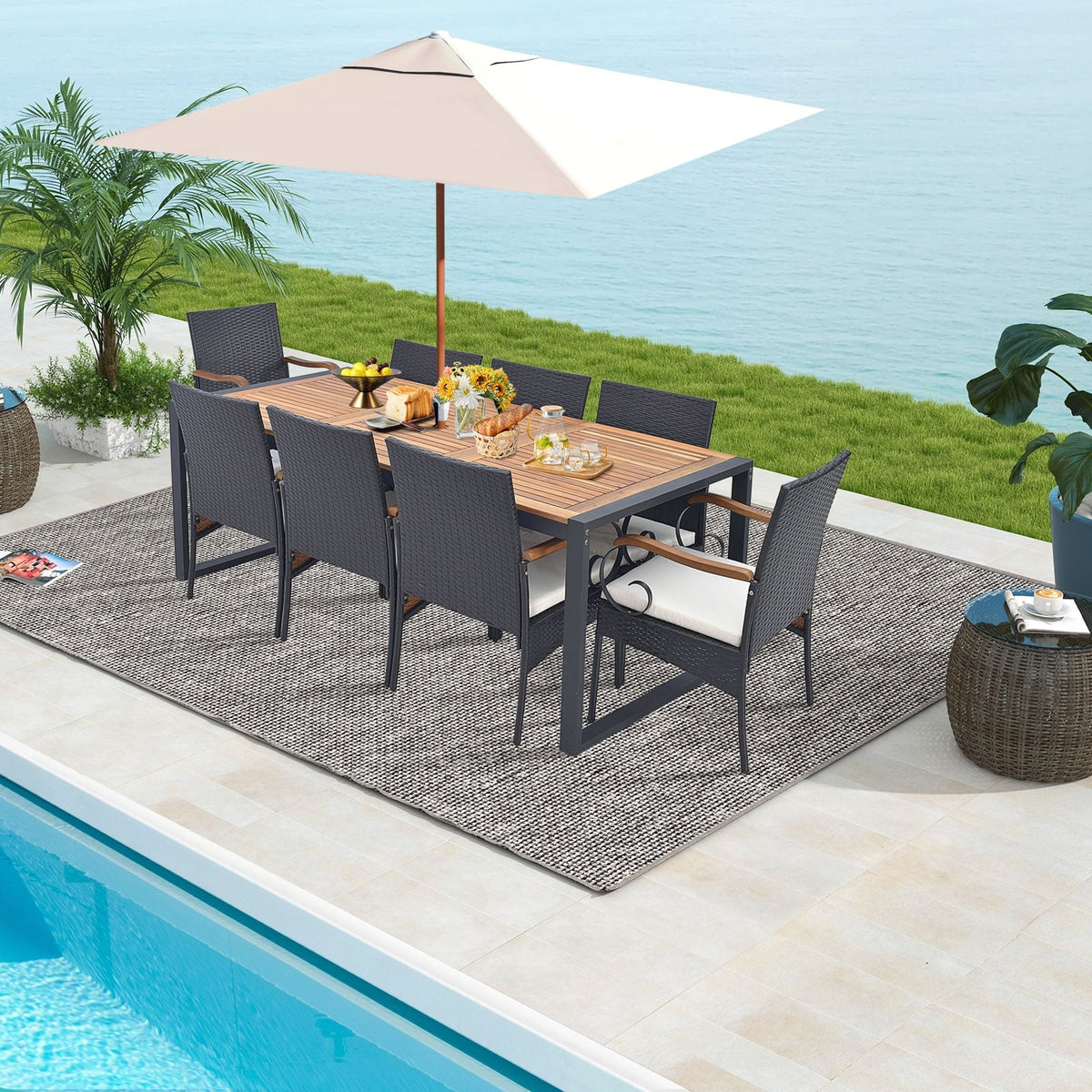 9 Pieces Patio Rattan Dining Set with Acacia Wood Table for Backyard Garden-Curved Handrail-Patio Furniture Sets-DECOROLALA