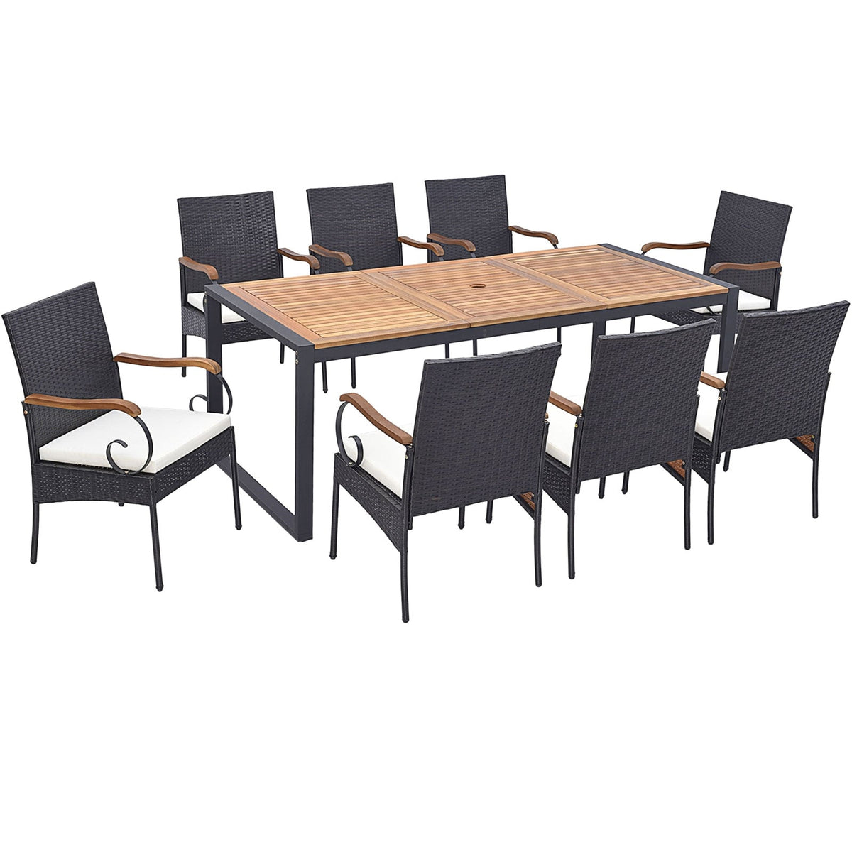 9 Pieces Patio Rattan Dining Set with Acacia Wood Table for Backyard Garden-Curved Handrail-Patio Furniture Sets-DECOROLALA