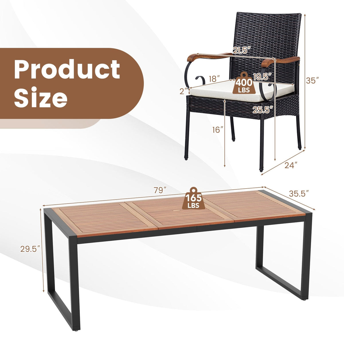 9 Pieces Patio Rattan Dining Set with Acacia Wood Table for Backyard Garden-Curved Handrail-Patio Furniture Sets-DECOROLALA