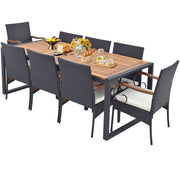9 Pieces Patio Rattan Dining Set with Acacia Wood Table for Backyard Garden-Curved Handrail-Patio Furniture Sets-DECOROLALA