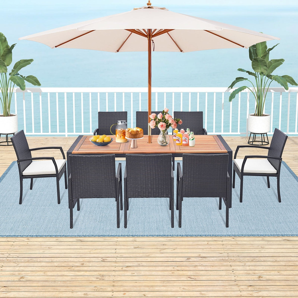 9 Pieces Patio Rattan Dining Set with Acacia Wood Table for Backyard Garden-L-shaped Handrail-Patio Furniture Sets-DECOROLALA