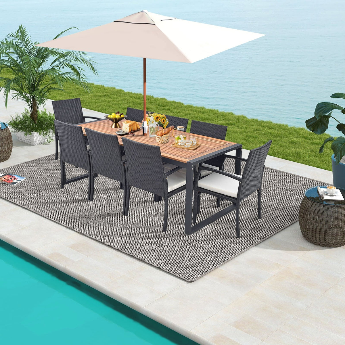 9 Pieces Patio Rattan Dining Set with Acacia Wood Table for Backyard Garden-L-shaped Handrail-Patio Furniture Sets-DECOROLALA