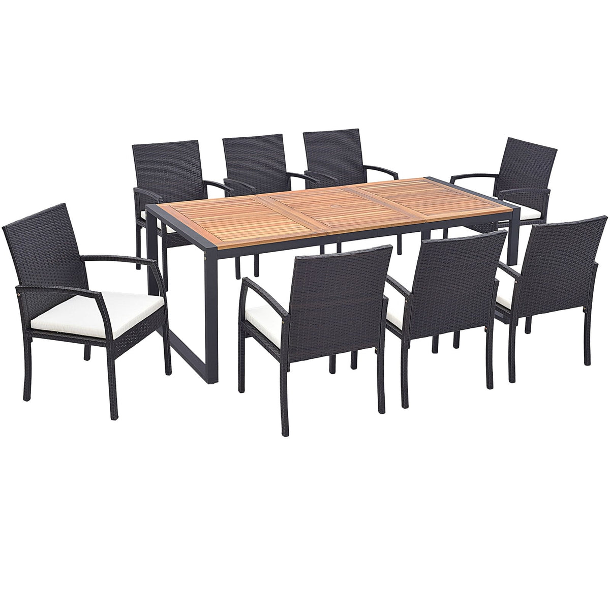 9 Pieces Patio Rattan Dining Set with Acacia Wood Table for Backyard Garden-L-shaped Handrail-Patio Furniture Sets-DECOROLALA