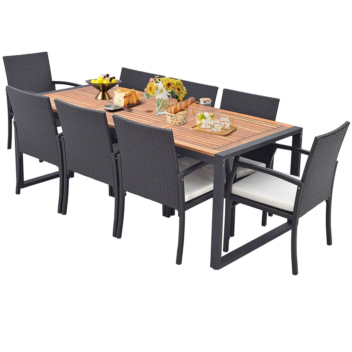 9 Pieces Patio Rattan Dining Set with Acacia Wood Table for Backyard Garden-L-shaped Handrail-Patio Furniture Sets-DECOROLALA