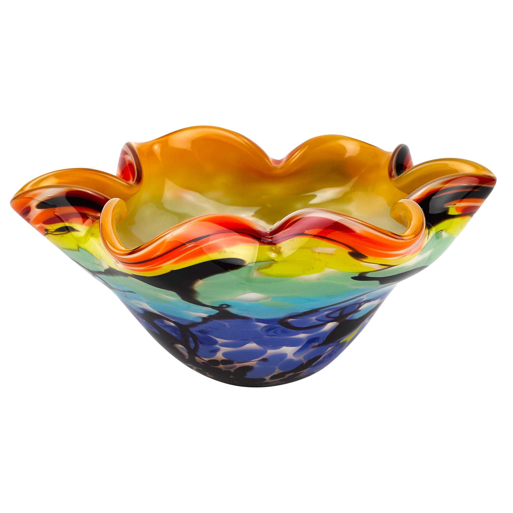 9" Rainbow Multi Art Glass Wavy Centerpiece Bowl-Serving Bowls-DECOROLALA