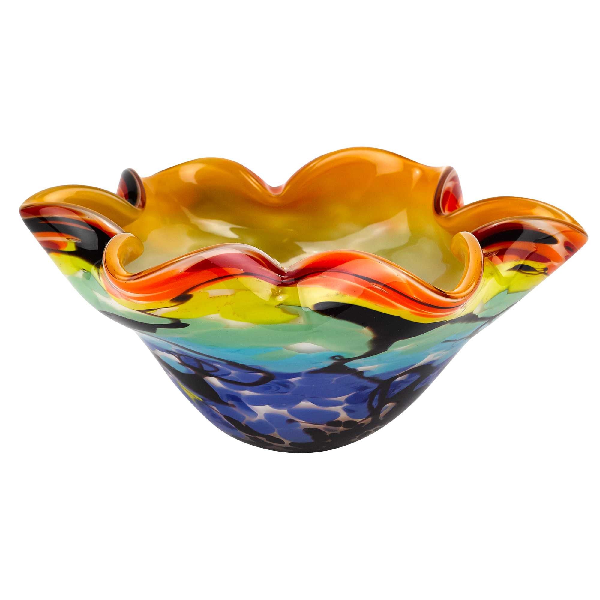 9" Rainbow Multi Art Glass Wavy Centerpiece Bowl-Serving Bowls-DECOROLALA