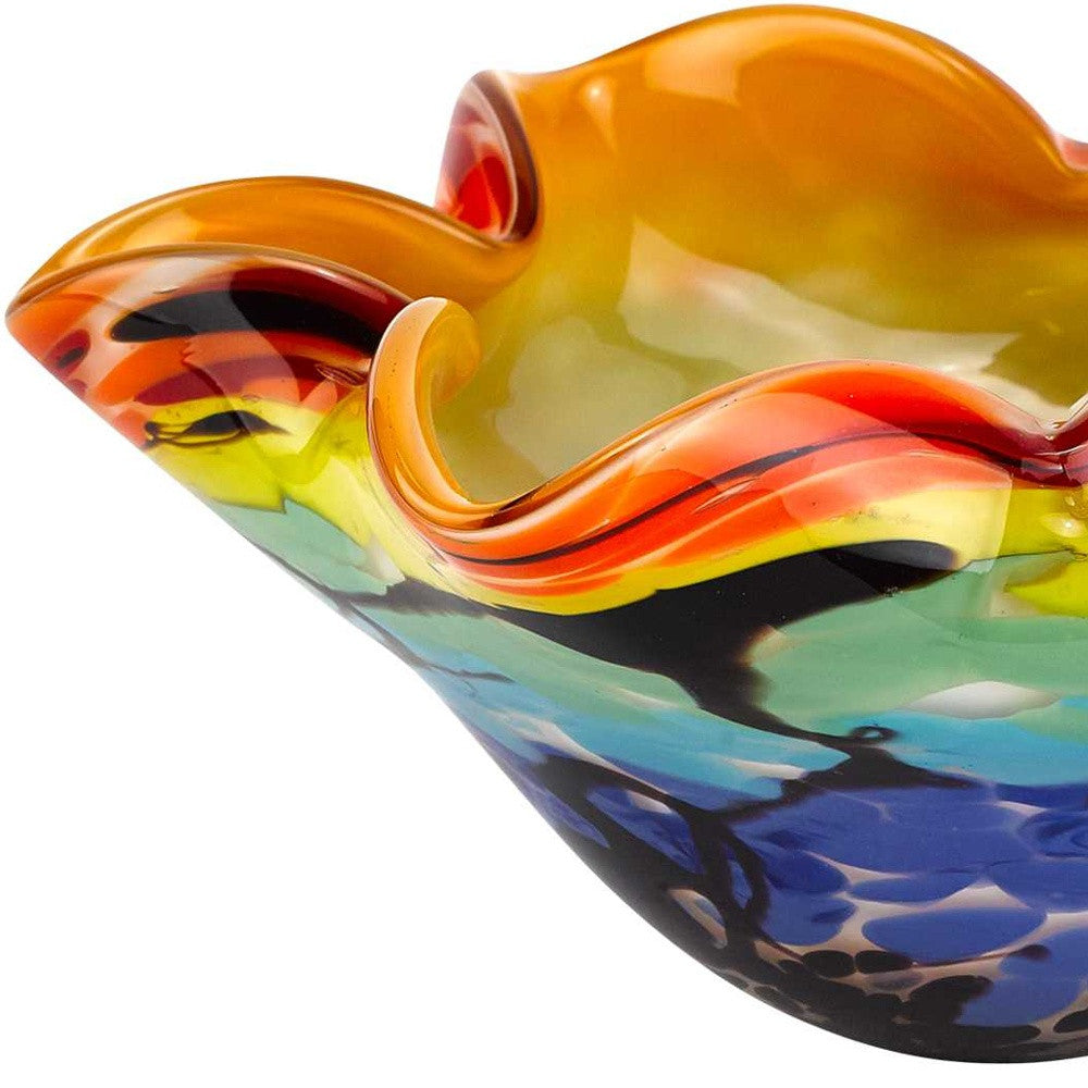 9" Rainbow Multi Art Glass Wavy Centerpiece Bowl-Serving Bowls-DECOROLALA