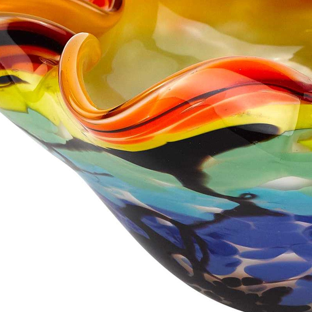 9" Rainbow Multi Art Glass Wavy Centerpiece Bowl-Serving Bowls-DECOROLALA