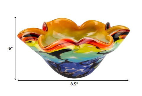 9" Rainbow Multi Art Glass Wavy Centerpiece Bowl-Serving Bowls-DECOROLALA