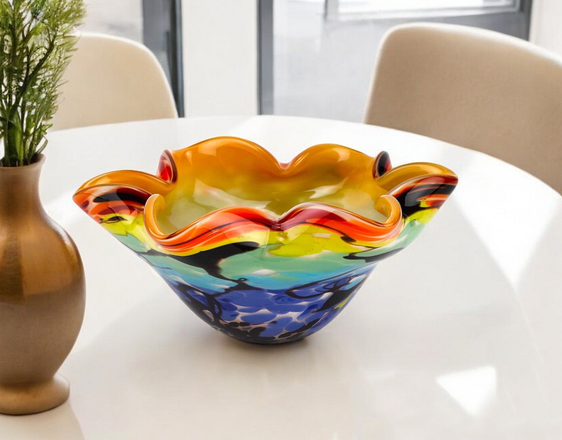 9" Rainbow Multi Art Glass Wavy Centerpiece Bowl-Serving Bowls-DECOROLALA