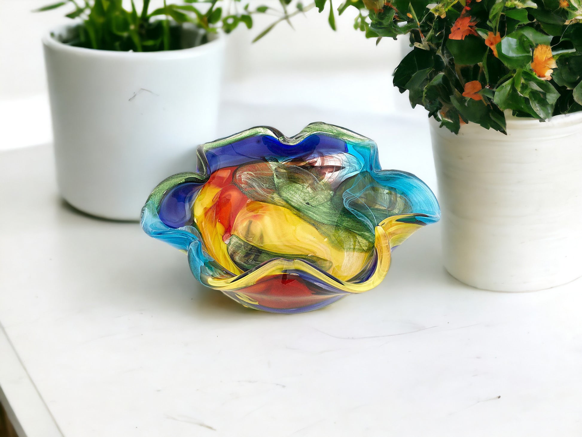 9" Rainbow Multi Colored Art Glass Centerpiece Bowl-Serving Bowls-DECOROLALA