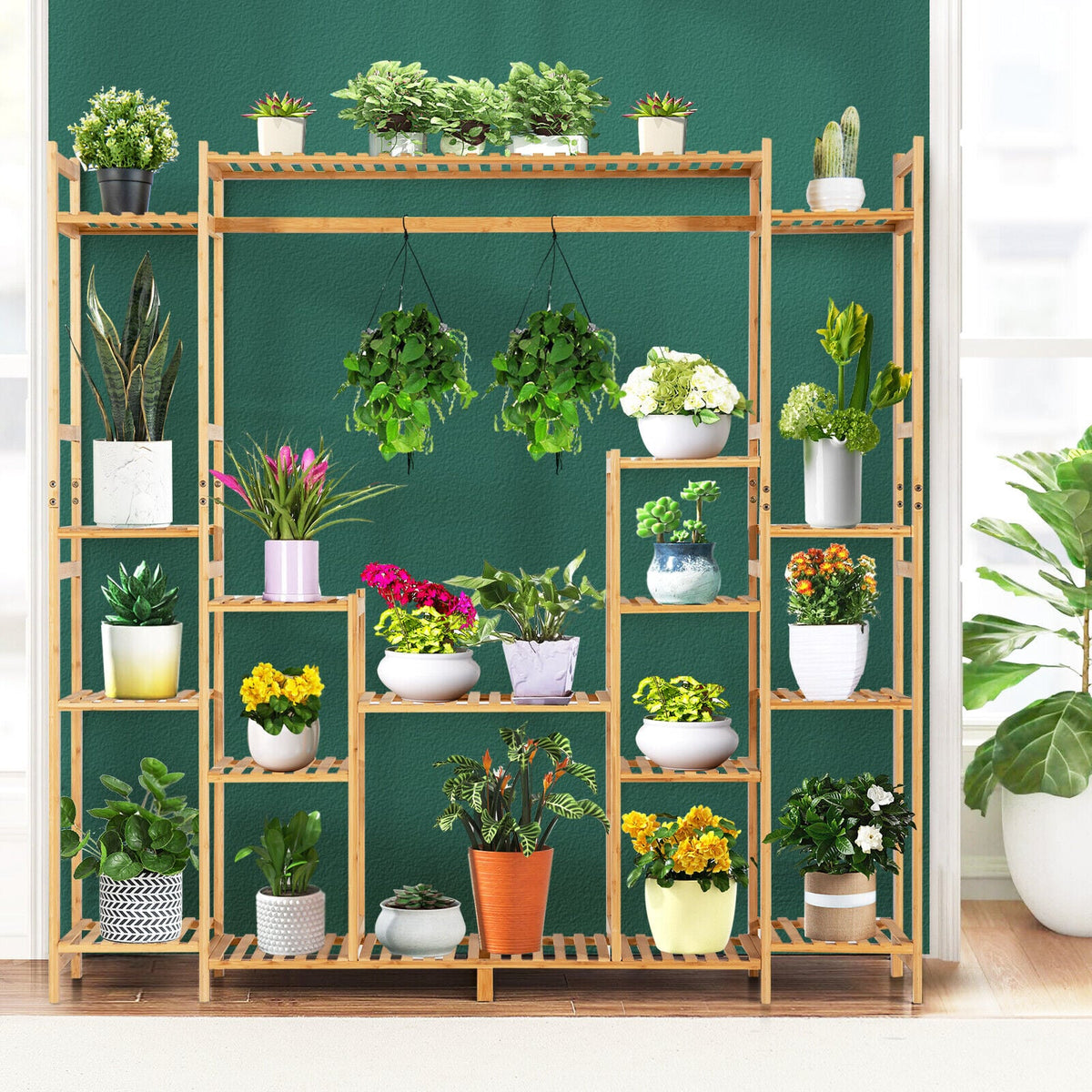 9-Tier Bamboo Plant Stand with Hanging Rack-Plant Stands-DECOROLALA