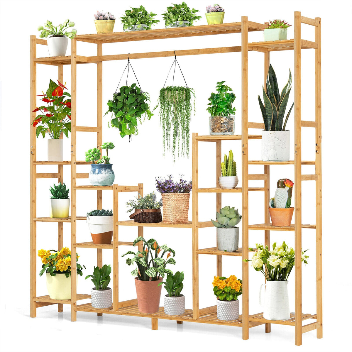 9-Tier Bamboo Plant Stand with Hanging Rack-Plant Stands-DECOROLALA
