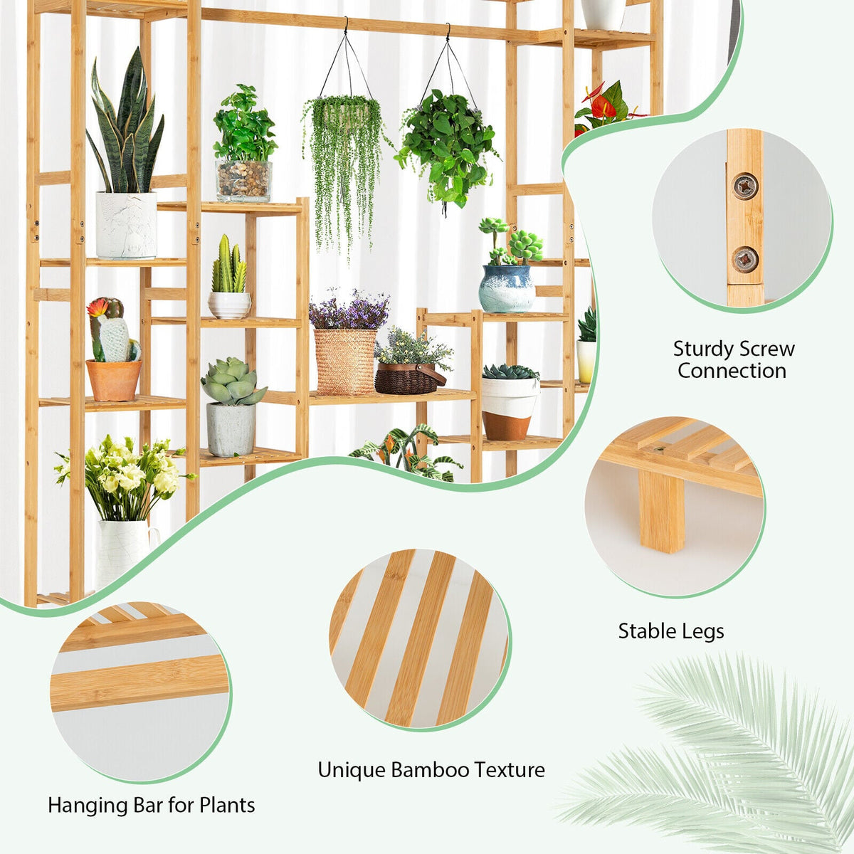 9-Tier Bamboo Plant Stand with Hanging Rack-Plant Stands-DECOROLALA