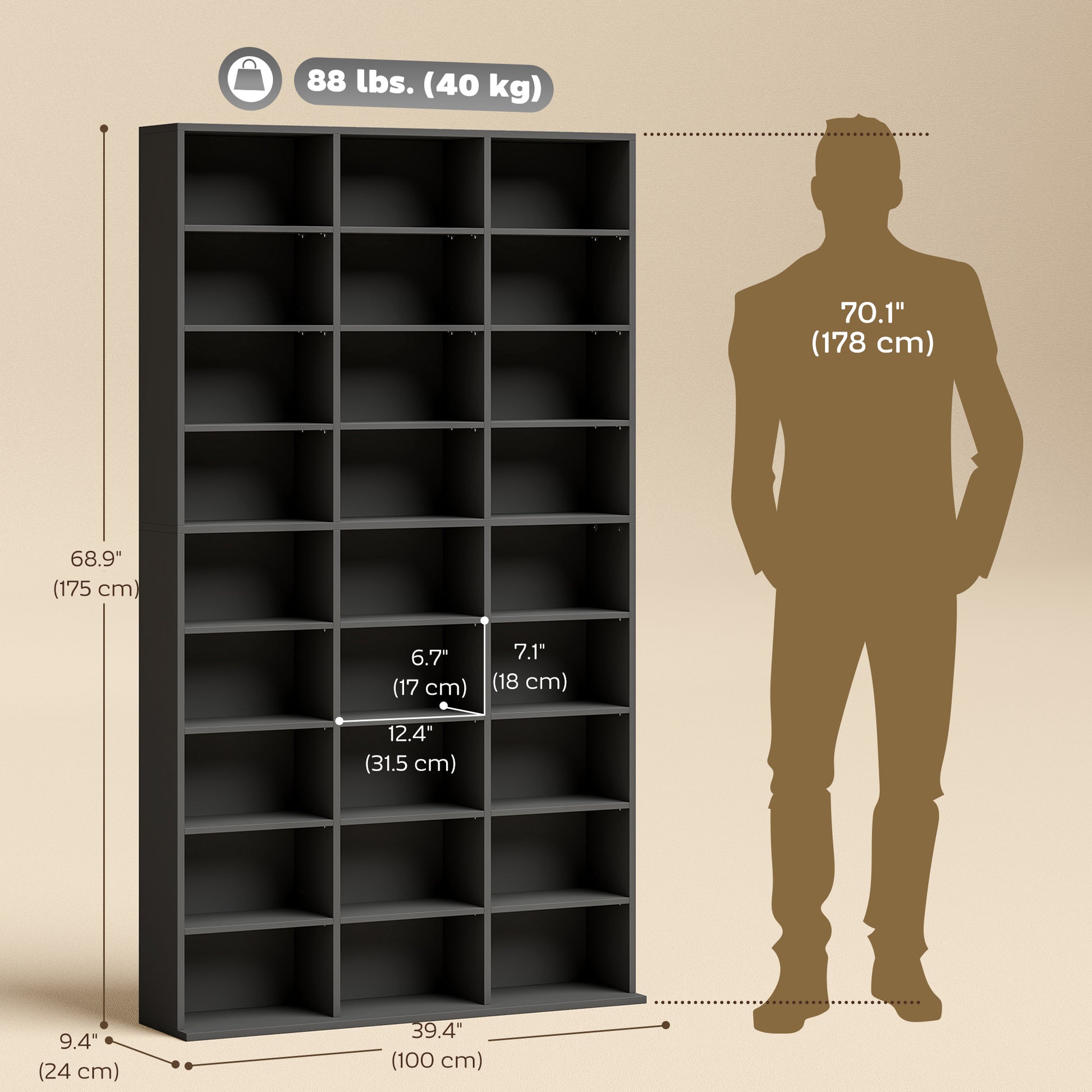 9-Tier Media Storage Cabinet - Black 69" Tall Shelf-DECOROLALA