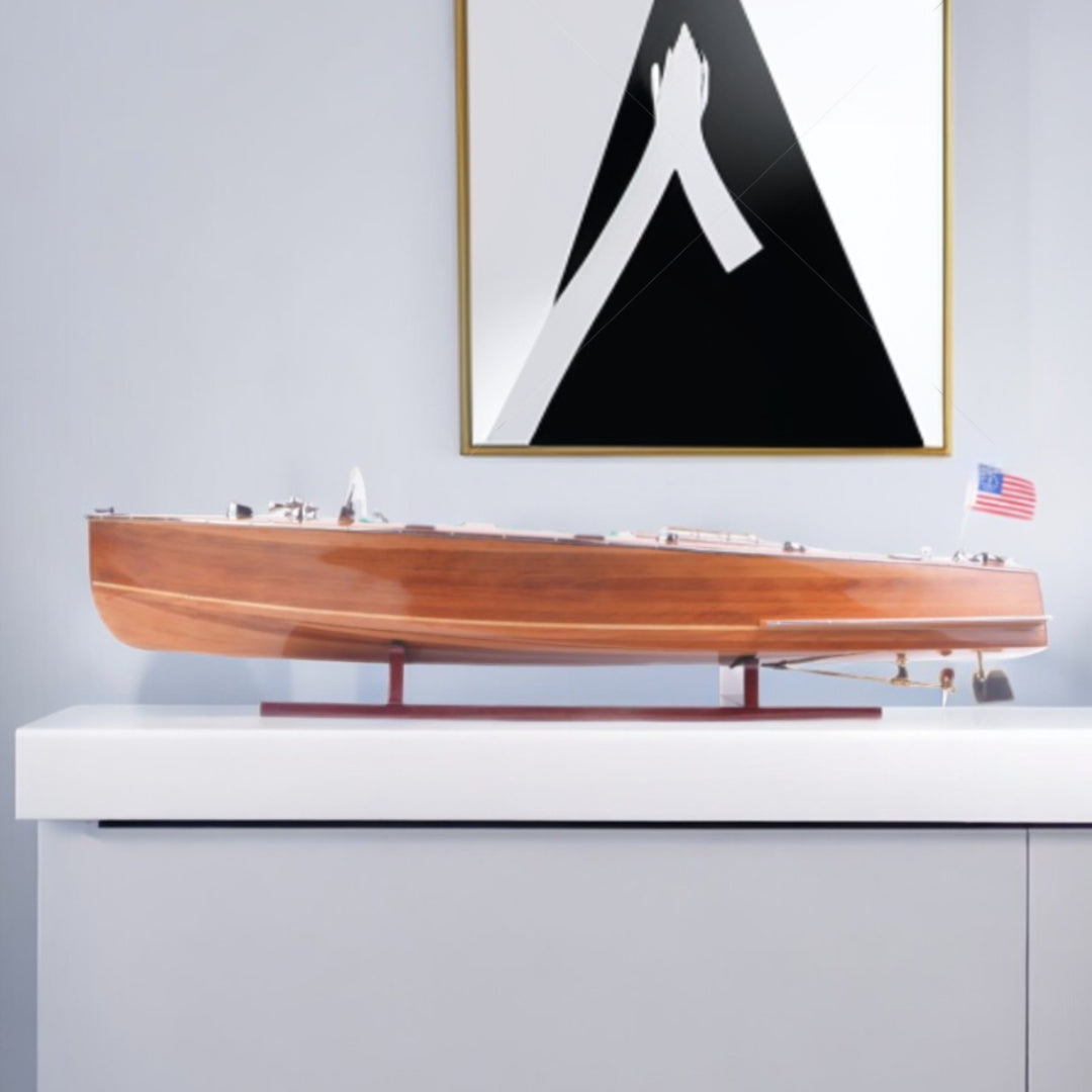 9" Wood Brown Solid Wood Hand Painted c1928 Chris Craft Triple Cockpit Large Model Boat-Sculptures-DECOROLALA