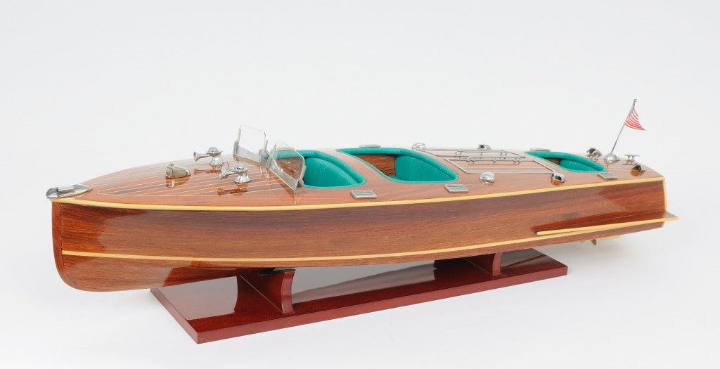 9" Wood Brown Solid Wood Hand Painted c1928 Chris Craft Triple Cockpit Large Model Boat-Sculptures-DECOROLALA