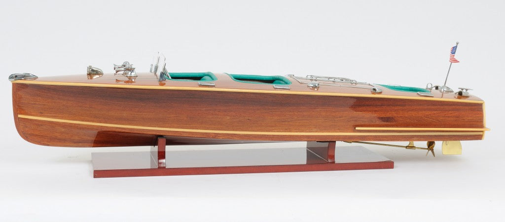 9" Wood Brown Solid Wood Hand Painted c1928 Chris Craft Triple Cockpit Large Model Boat-Sculptures-DECOROLALA