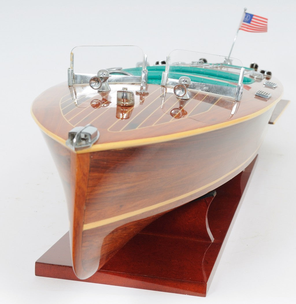 9" Wood Brown Solid Wood Hand Painted c1928 Chris Craft Triple Cockpit Large Model Boat-Sculptures-DECOROLALA