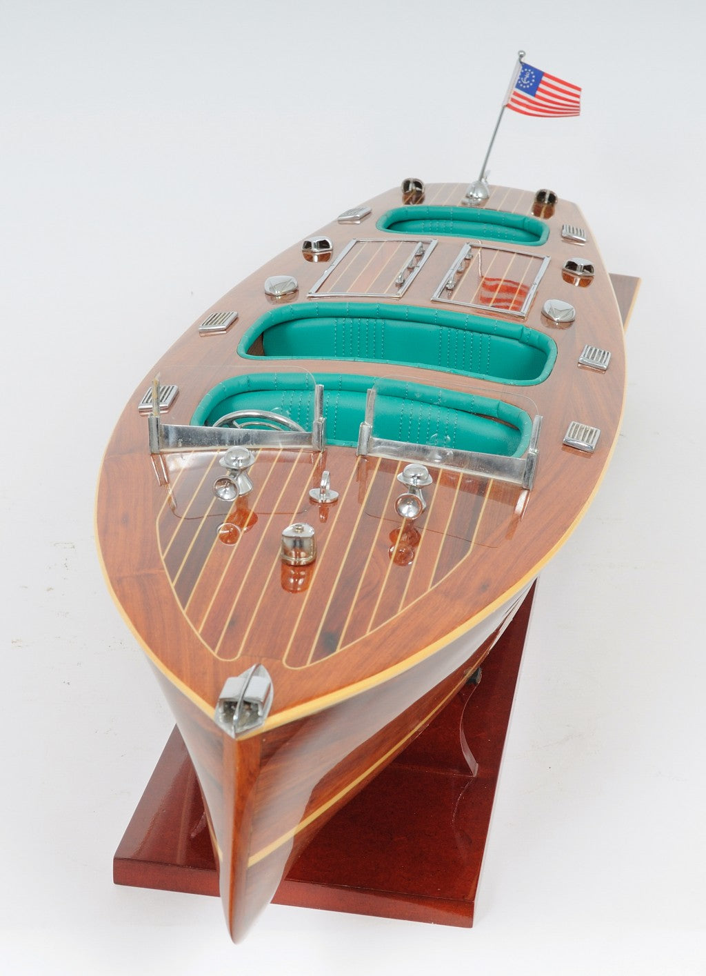 9" Wood Brown Solid Wood Hand Painted c1928 Chris Craft Triple Cockpit Large Model Boat-Sculptures-DECOROLALA