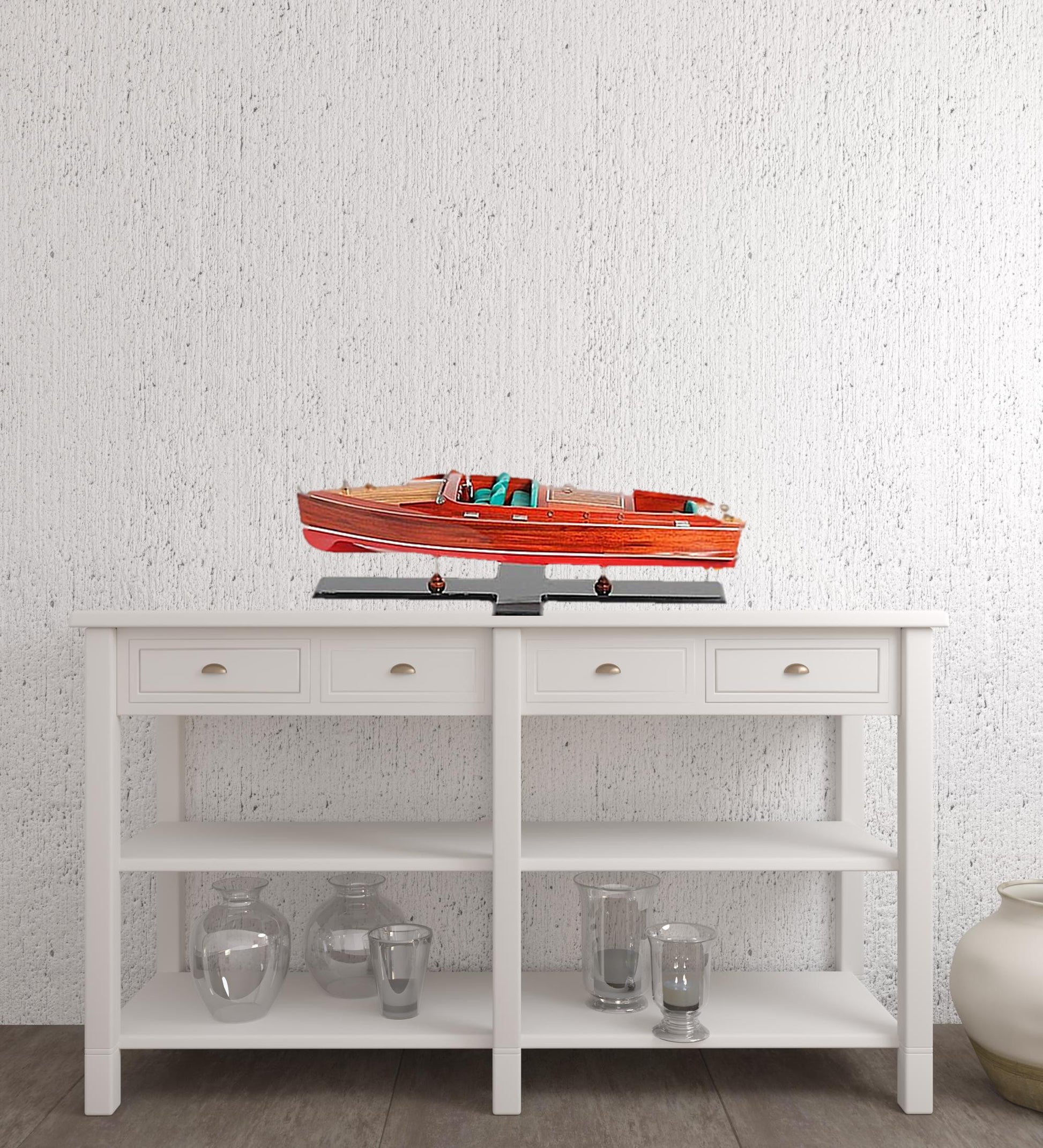 9" Wood Brown c1938 Chris Craft Runabout Painted Large Hand Painted Boat-Sculptures-DECOROLALA