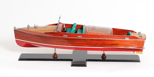 9" Wood Brown c1938 Chris Craft Runabout Painted Large Hand Painted Boat-Sculptures-DECOROLALA