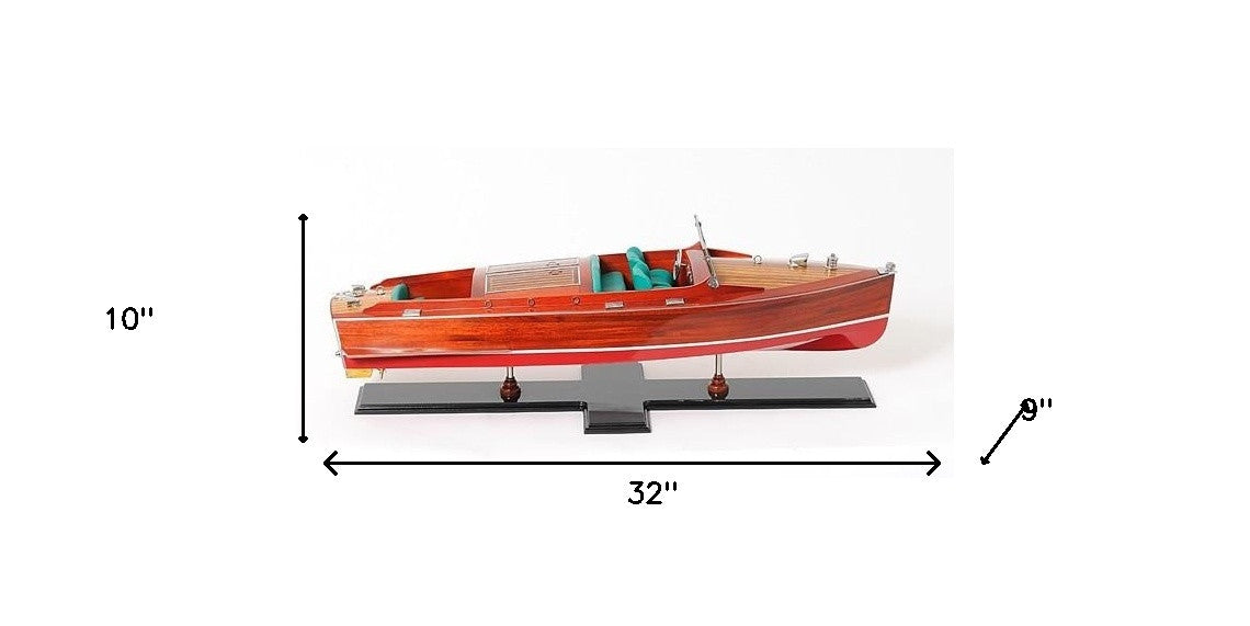 9" Wood Brown c1938 Chris Craft Runabout Painted Large Hand Painted Boat-Sculptures-DECOROLALA